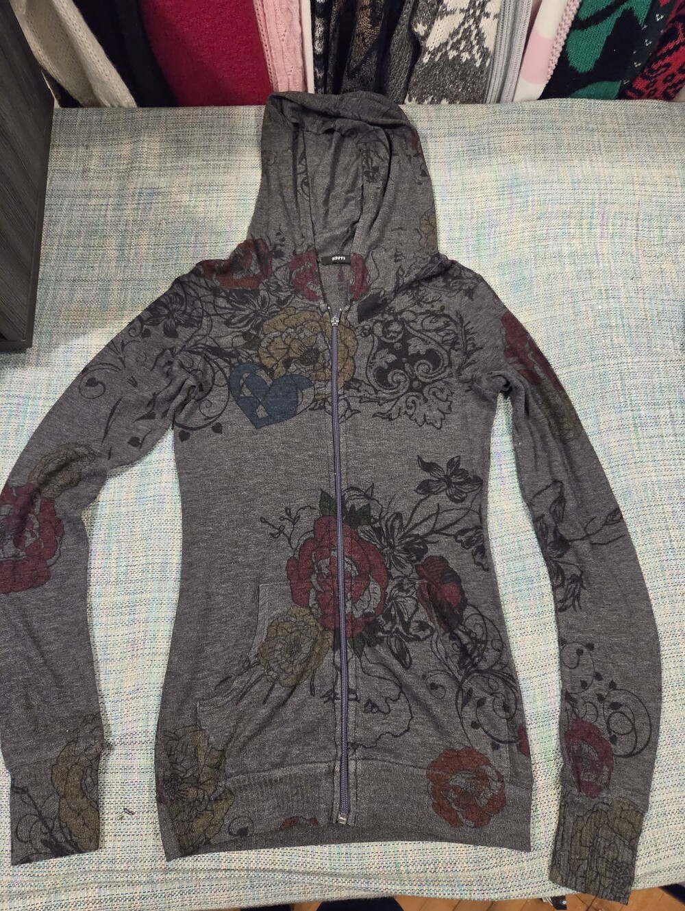 Y2K Enti Tattoo Print Dark Gray Sweater Knit Hoodie *As Is!*